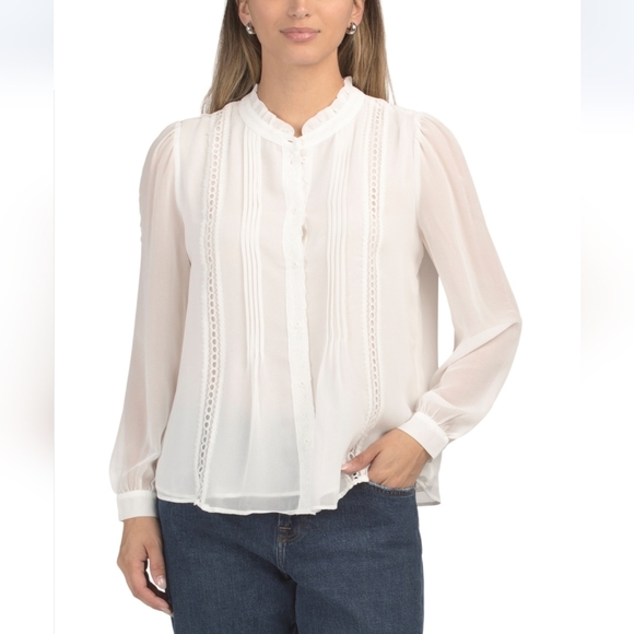 Adrianna Papell Tops - Adrianna Papell Women's Ivory Chiffon Long Sleeve Blouse